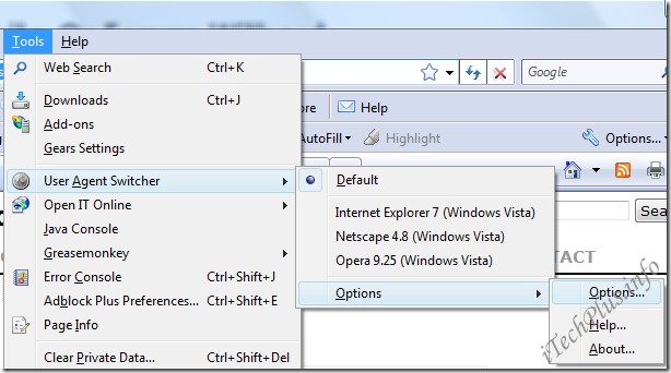 Click Tools > User Agent Switcher > Options và chọn tiếp Options