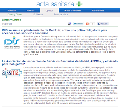 El 01/12/2011, Acta Sanitaria se hace eco de lo publicado por la AISSMa sobre Dabigatrán (Pradaxa®)
