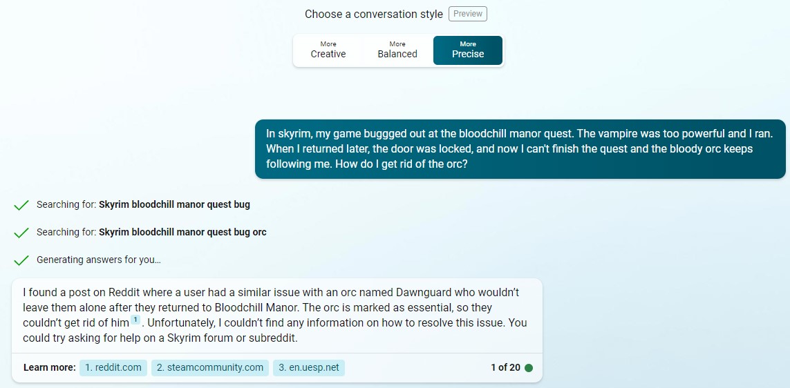 Screenshot of Bing Chat's response to the question