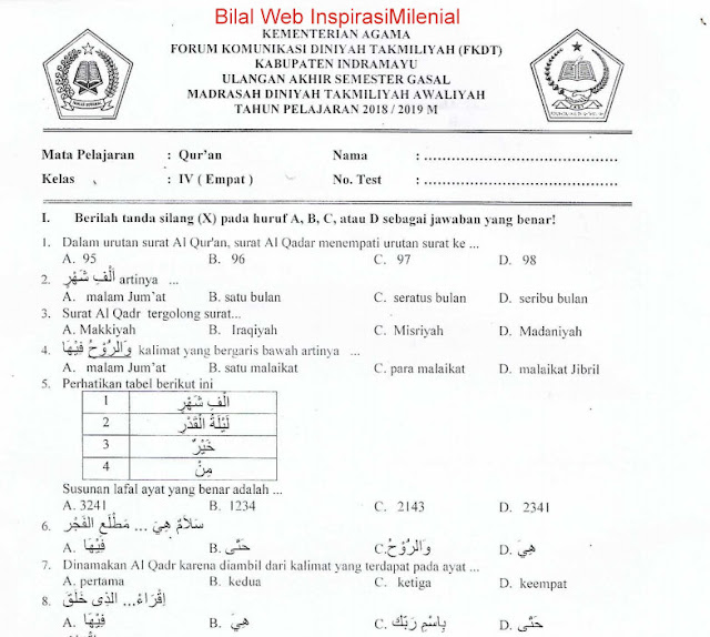 Download Soal UKK Madrasah Diniyah Takmiliyah Awaliyah (MDTA) Mapel Qur'an Kelas 4 Tahun 2018-2019 M