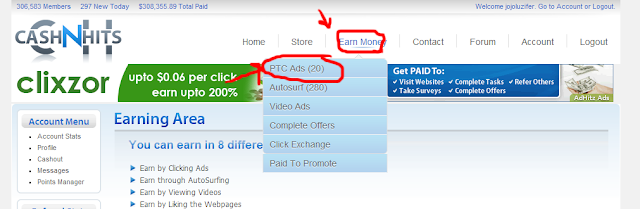 เมนู ptc-ads ของ cashnhits
