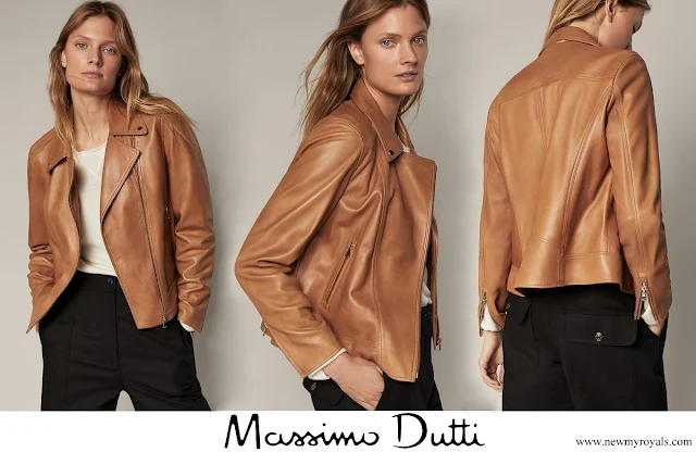 Queen Maxima wore Massimo Dutti Nappa leather biker jacket