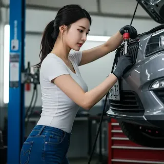 자신의 자동차를 정비하는 여성 이미지