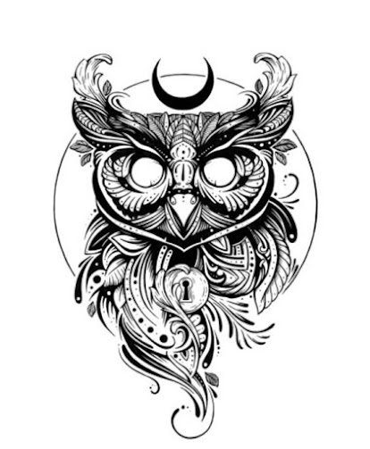 owl-with-key-hole-and-moon-tattoo-design