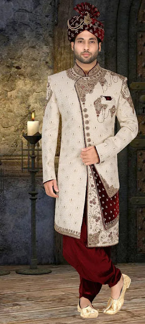 mens-jacquard-wedding-sherwani-Beige-with-patch-work