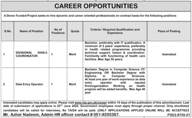 Contract Based Jobs at Donor Funded Project 2022 | Pak Jobs