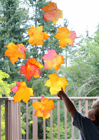 How to make bright and vibrant fall leaf suncatchers with a free leaf template printable from Fun at Home with Kids