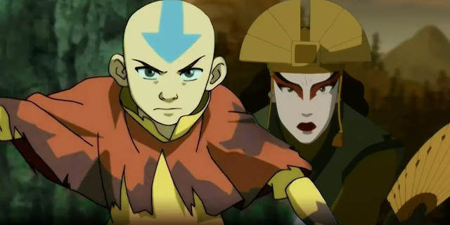 Aang and Avatar Kyoshi in fighting stances in Avatar The Last Airbender