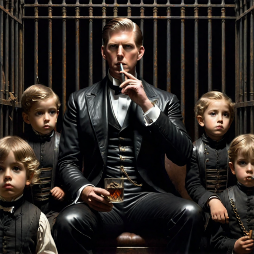 A man wearing a black leather suit smoking a cigar in a jail cell with children around