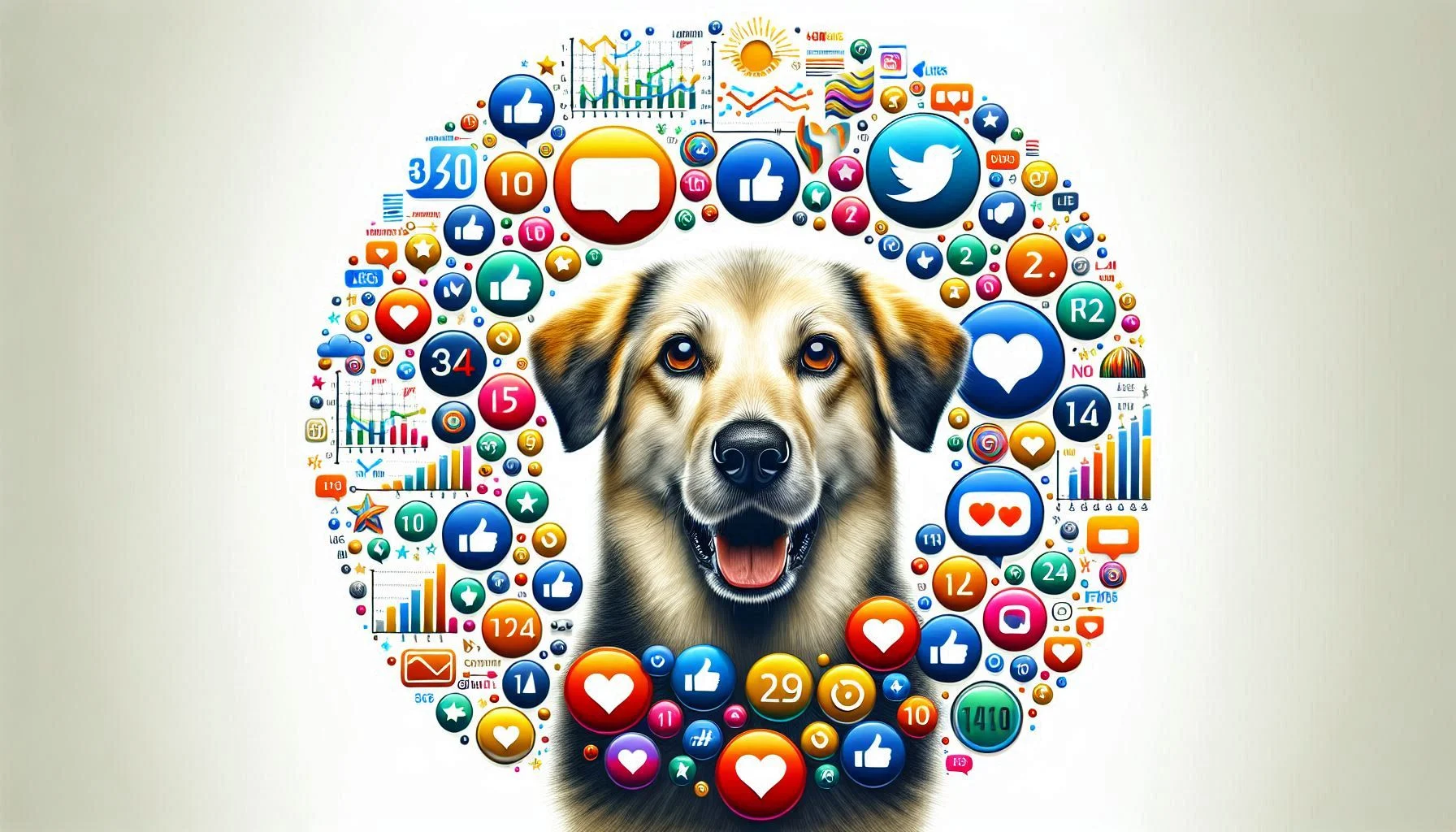 Dog surrounded by social media icons and engagement metrics
