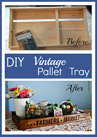 Vintage Pallet tray diy'd with stenciling, woodburning and stain for a beautiful Spring centerpiece