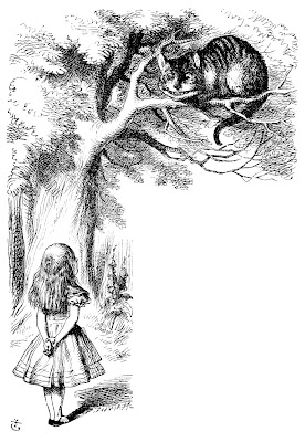 Alice talks with the Cheshire Cat, up in a tree.