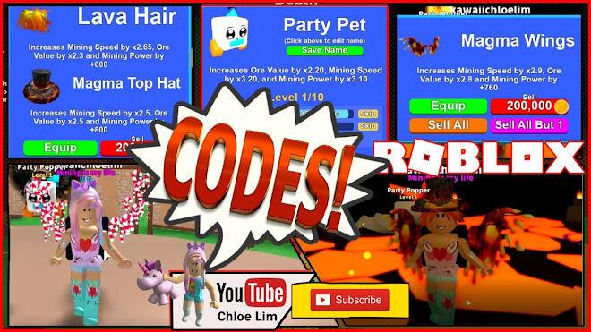 Chloe Tuber Roblox Mining Simulator Gameplay 4 New Codes Lava Wold Lava Hair Magma Wings Magma Top Hat And Party Pet - codes for money in roblox mining simulator