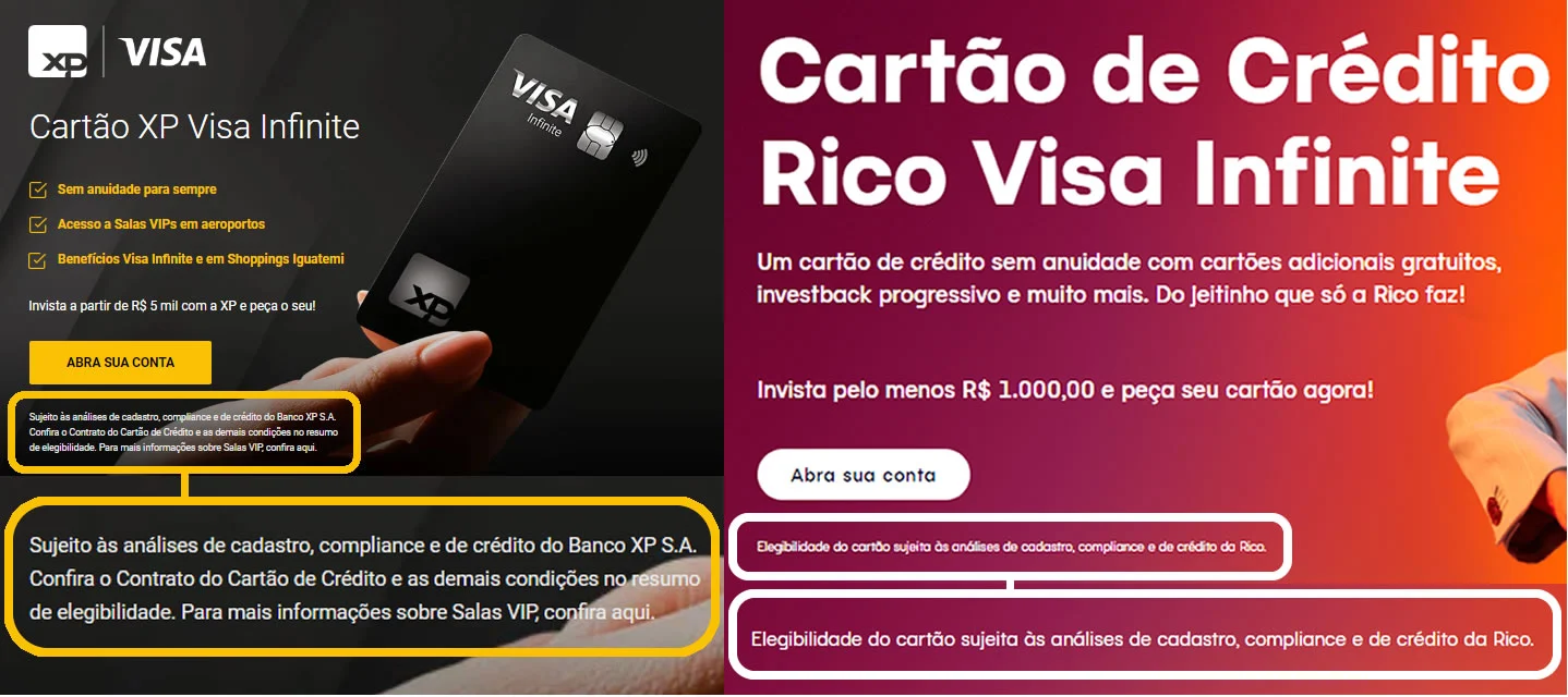 A imagem mostra que ambos os cartões de crédito deixa bem claro que a solicitação do cartão ainda passa por analise de crédito