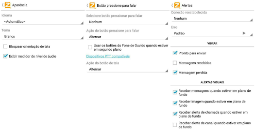 Algumas configurações do aplicativo