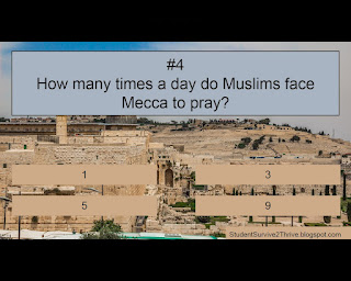 How many times a day do Muslims face Mecca to pray? Answer choices include: 1, 3, 5, 9