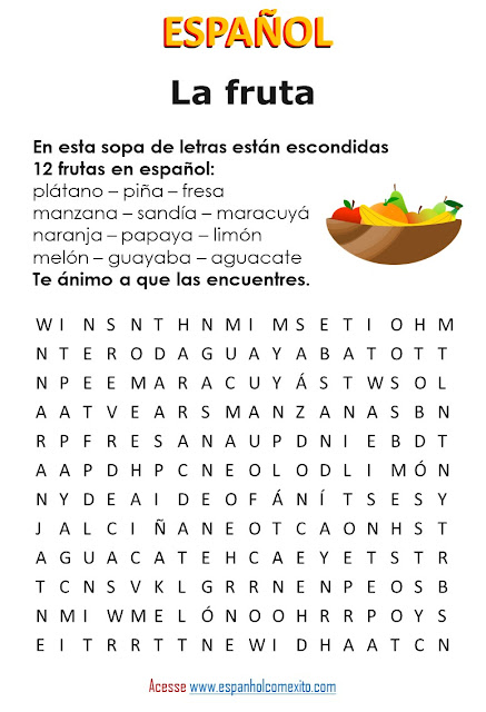 Caça-palavras em espanhol – La fruta en Español