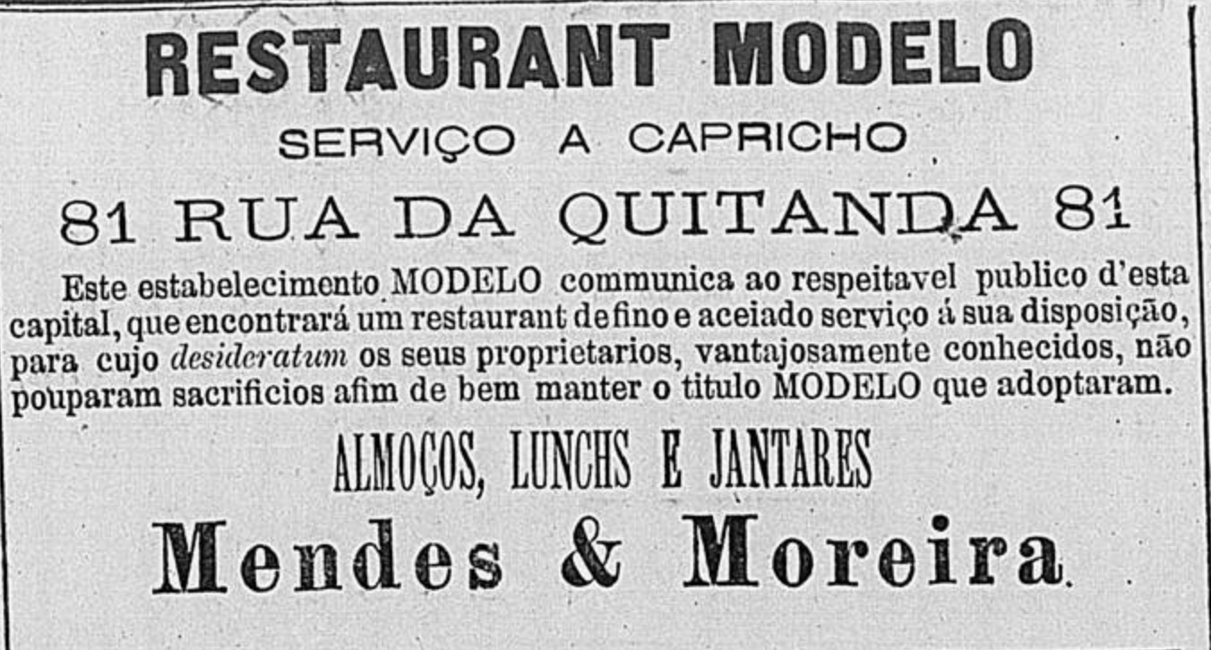 Anúncio de 1897 promovendo os serviços do Restaurante Modelo na cidade do Rio de Janeiro