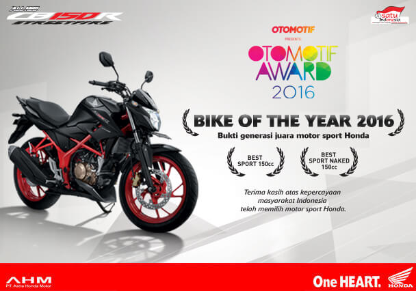 Penghargaan CB 150R Streetfire sebagai Bike of the Year 2018 Anisa Naga Mas Motor Klaten Dealer Asli Resmi Astra Honda Motor Klaten Boyolali Solo Jogja Wonogiri Sragen Karanganyar Magelang Jawa Tengah.