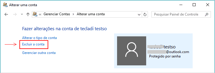 Excluindo conta de usuário no Windows 10