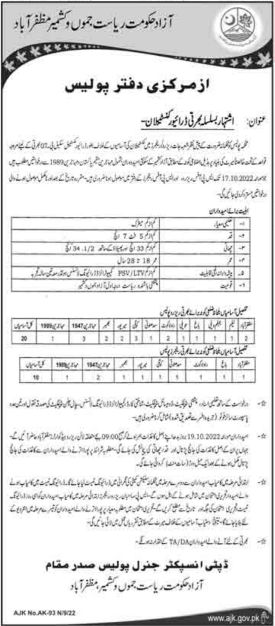 Latest Police Department AJK Driving Posts Muzaffarabad 2022