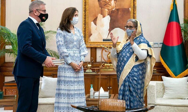 Crown Princess Mary wore a new flower patterns silk midi dress from Beulah London. Bangladesh's Prime Minister Sheikh Hasina