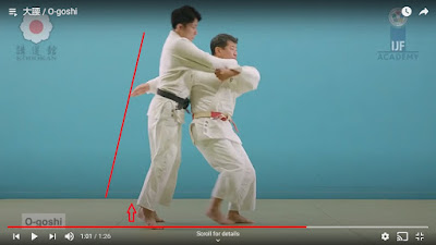 Picture of The breaking of the balence stage of O-Goshi with a red arrow at Uke's toe showing he is standing on them and a red line showing Uke is on an angle leaning forward.