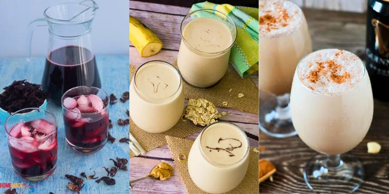 A collage of beverages from Trinidad and Tobago with sorrel, peanut punch and Guinness punch.