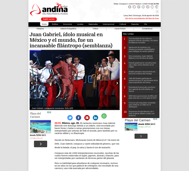 Reacciones: el repentino fallecimiento de Juan Gabriel; las notas en diversos medios digitales | Ximinia