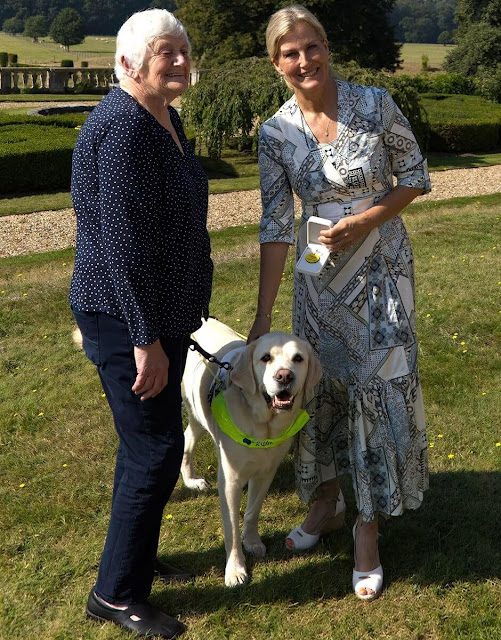 The Duchess of Edinburgh wore a printed cotton poplin midi dress by Etro. The Duchess is patron of the Guide Dogs UK Charity