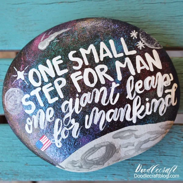 Paint a space inspired rock commemorating the 50th anniversary of the moon landing: One small step for man, one giant leap for mankind!