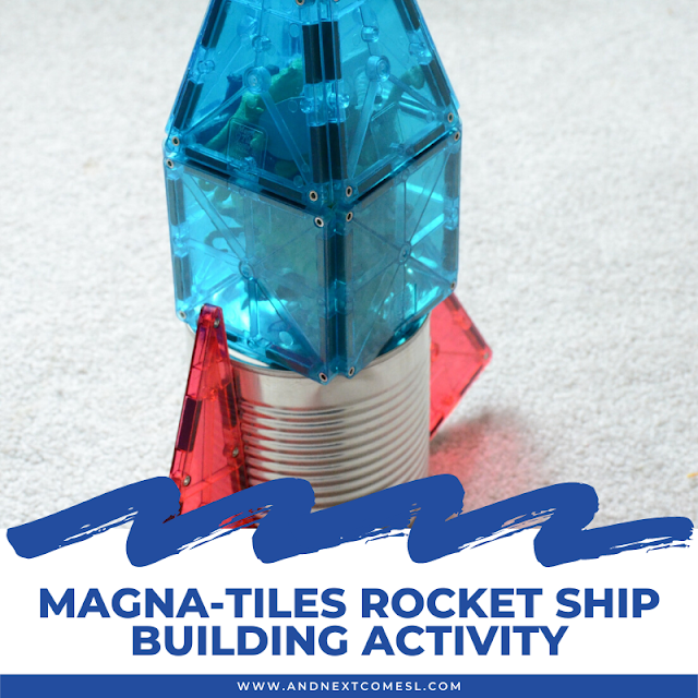 Magna Tiles rocket ship building activity for kids using tin cans and magnetic tiles