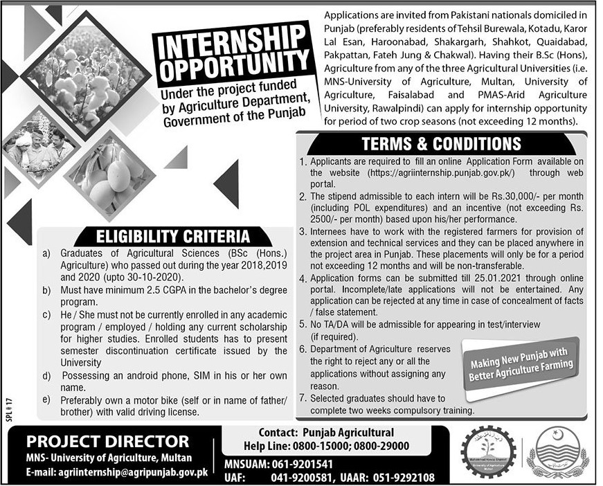 Internship 2021 - Internships for Agri Graduates 2021 - Punjab Agriculture Department Jobs 2021 - Online Application Form - agriinternship.punjab.gov.pk