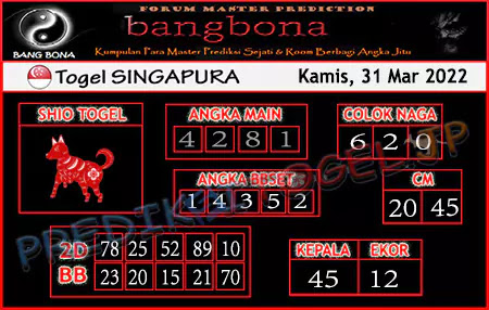 Prediksi Bangbona SGP Kamis 31 Maret 2022