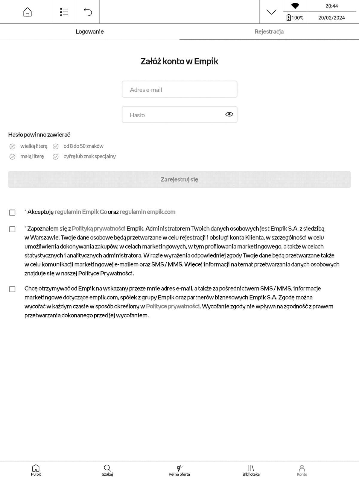 Ekran rejestracji konta w aplikacji Empik Go na PocketBook InkPad X Pro