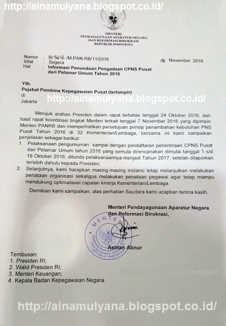 SURAT RESMI MENPAN NO B/3656/M.PAN-RB/11/2016 TENTANG PENUNDAAN PENGADAAN PENERIMAAN CPNS 2016