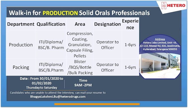 Hetero labs | Walk-in for Production on 1 Feb 2020 | Pharma Jobs in Hyderabad
