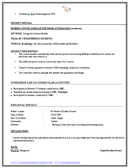 Free Download Link for Free Resume Sample for Fresher Engineer