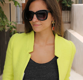 Jewelmint Sugar Pop Earrings. Neon Yellow Blazer. Black Cat Eye Sunglasses