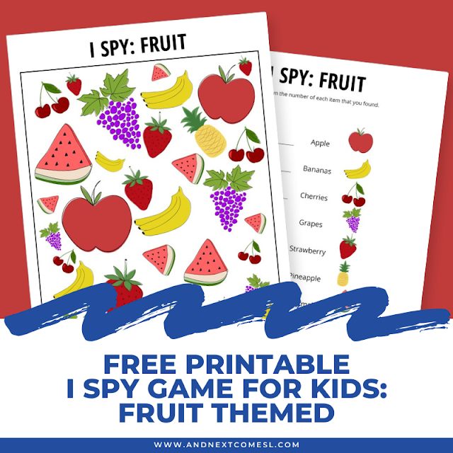 Free printable fruit themed I spy game for kids