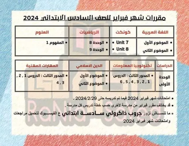 ننشر : مقرارات المناهج الدراسية لشهر فبراير 2024  .. كل المواد من الصف الرابع الابتدائي للصف الثاني الاعدادي