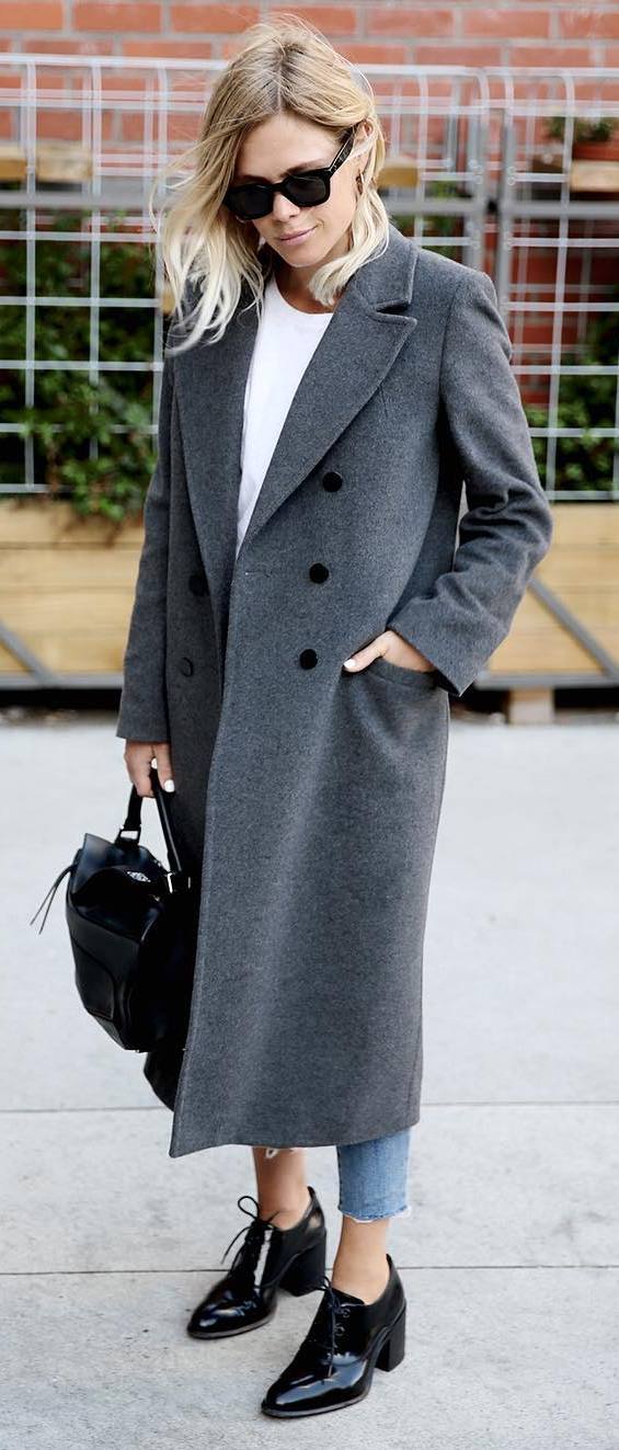 what to wear with a grey coat :  bag + top + jeans + heels