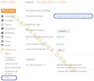 pagina de configurações do blogspot