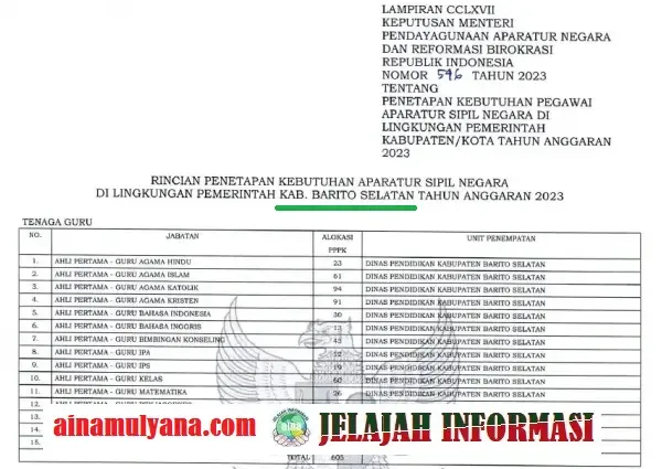 Rincian Formasi Kebutuhan ASN PPPK Kabupaten Barito Selatan Provinsi Kalimantan Tengah (KALTENG) Tahun Anggaran 2023