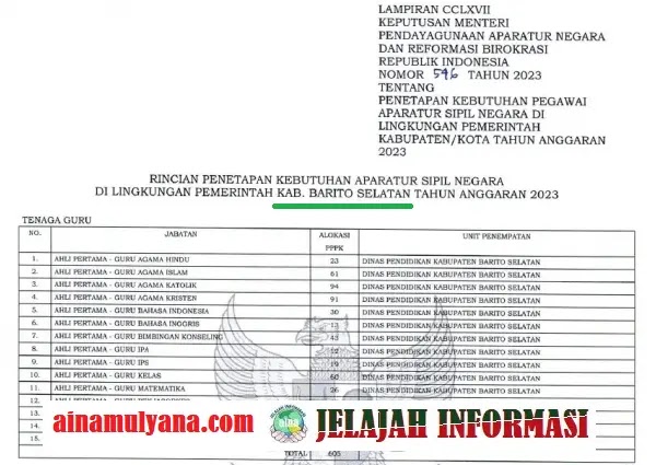 Rincian Formasi Kebutuhan ASN PPPK Kabupaten Barito Selatan Provinsi Kalimantan Tengah (KALTENG) Tahun Anggaran 2023