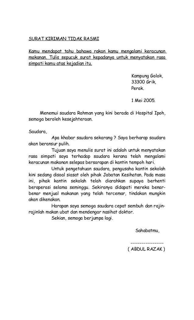 Contoh Karangan Surat Kiriman Tidak Rasmi Kepada Rakan Spm