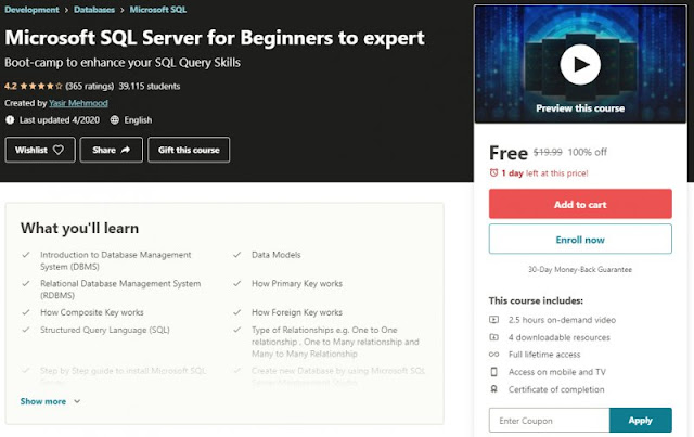 [100% Off] Microsoft SQL Server for Beginners to expert| Worth 19,99$