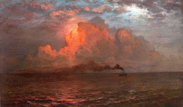 Frederic Church art, a ship at sea with red sky