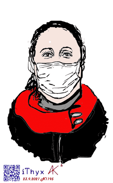 Молодая  женщина в белой маске и чёрном пальто с красным воротником, цветной цифровой портрет в стиле комикса  сделал художник Андрей Бондаренко @iThyx_AK