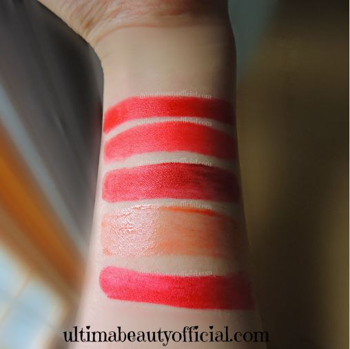 Swatches of all five lipsticks